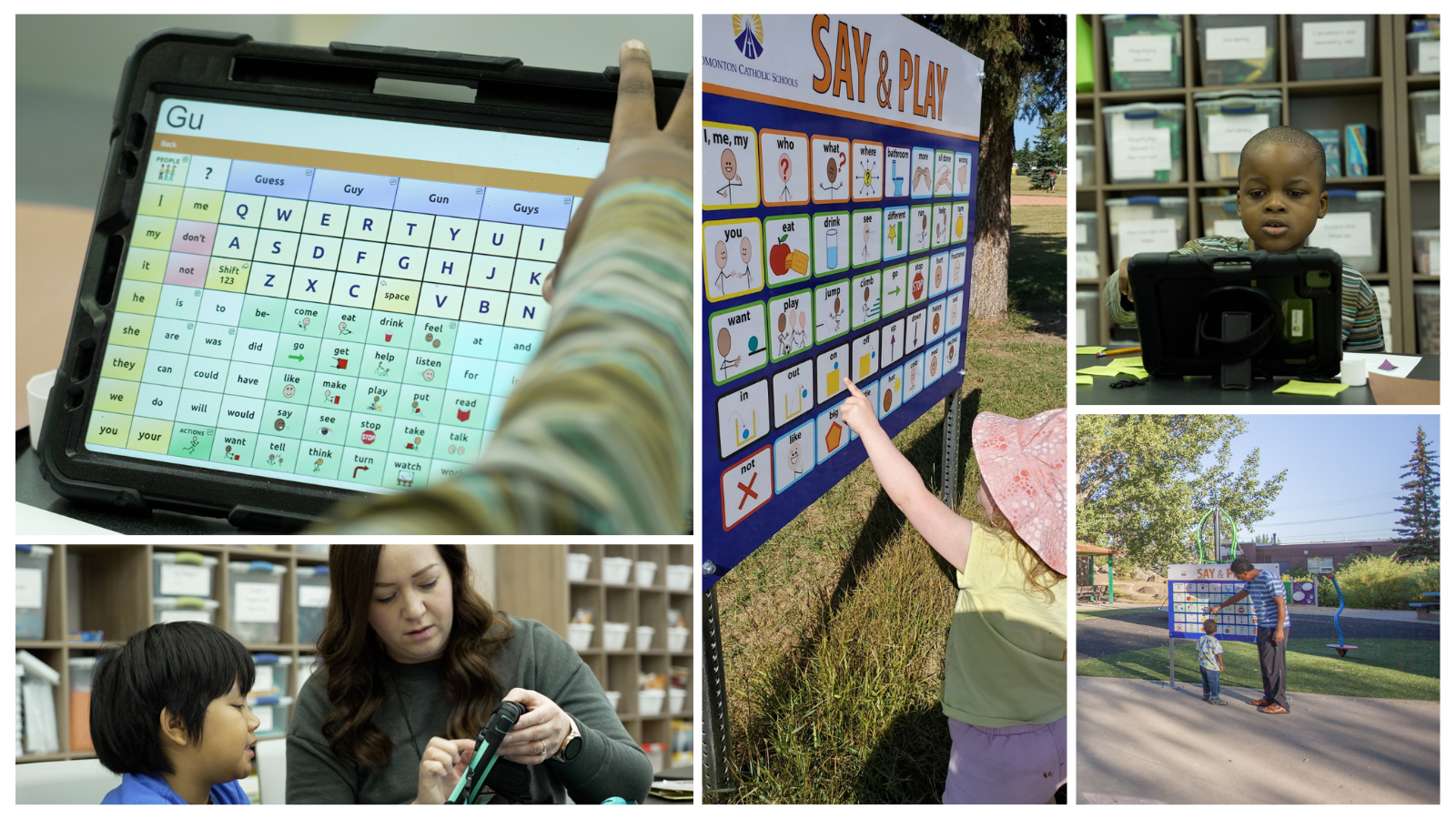 photos of students using AAC devices in a classroom and children using a say and play board outside